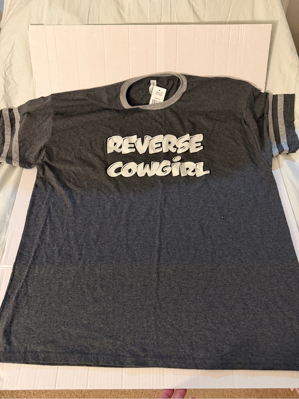 #244 Jerzees Dark Gray Graphic Ringer Tee - 'Reverse Cowgirl'
